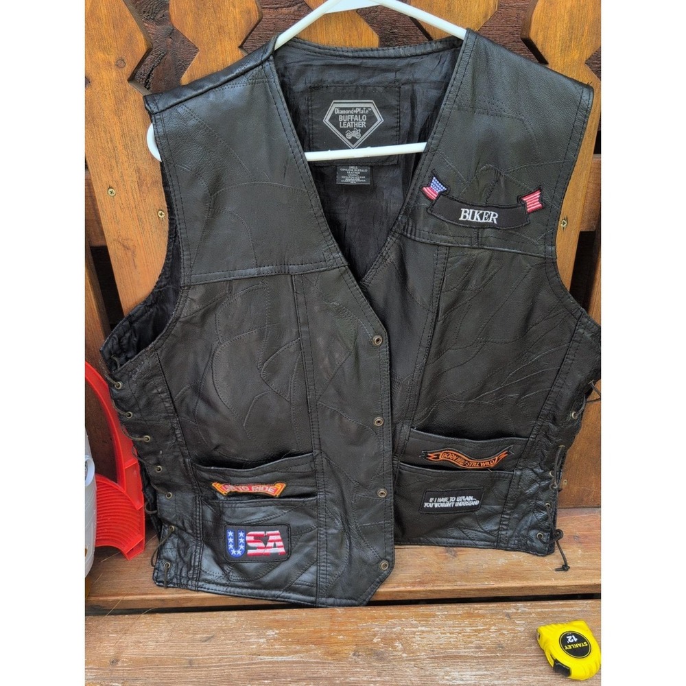 Diamond Plate Buffalo Leather Vest Mens 3XL Biker Harley Davidson Patches